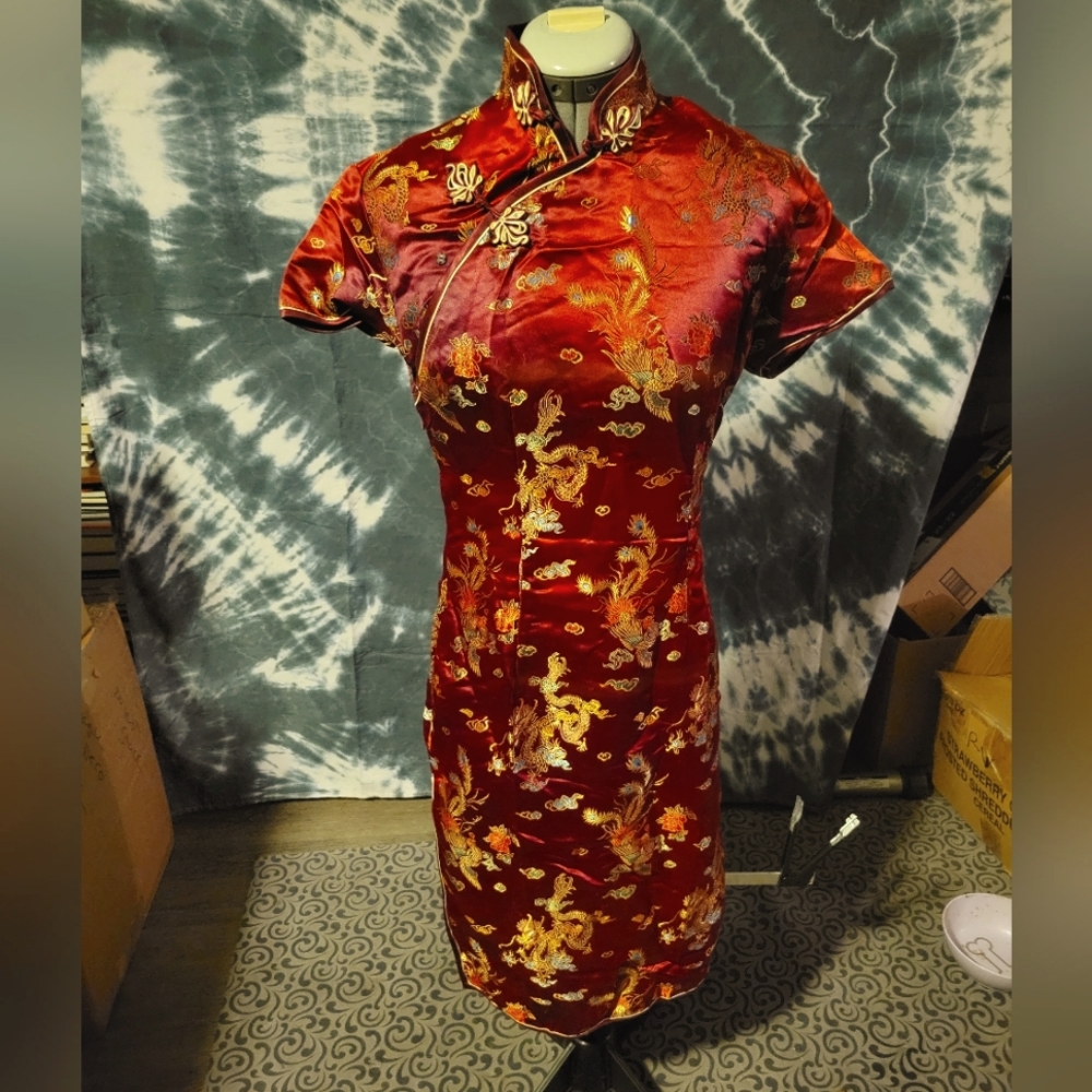 Silk Chinese Dress Burgundy Size 36
